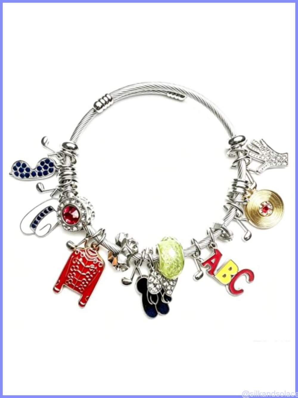 Stainless Steel Music Legend Charm Bangle Bracelet Adjustable Slide Closure Fan